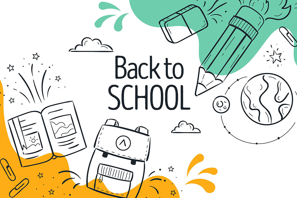 وکتور رایگان طرح گرافیکی بازگشت به مدرسه به همراه مداد و پاکن و کیف